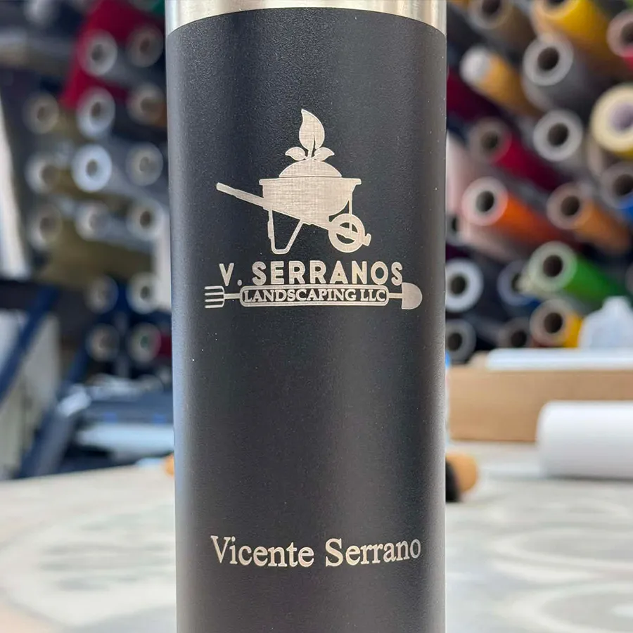 Custom branded tumbler for V. Serranos Landscaping business